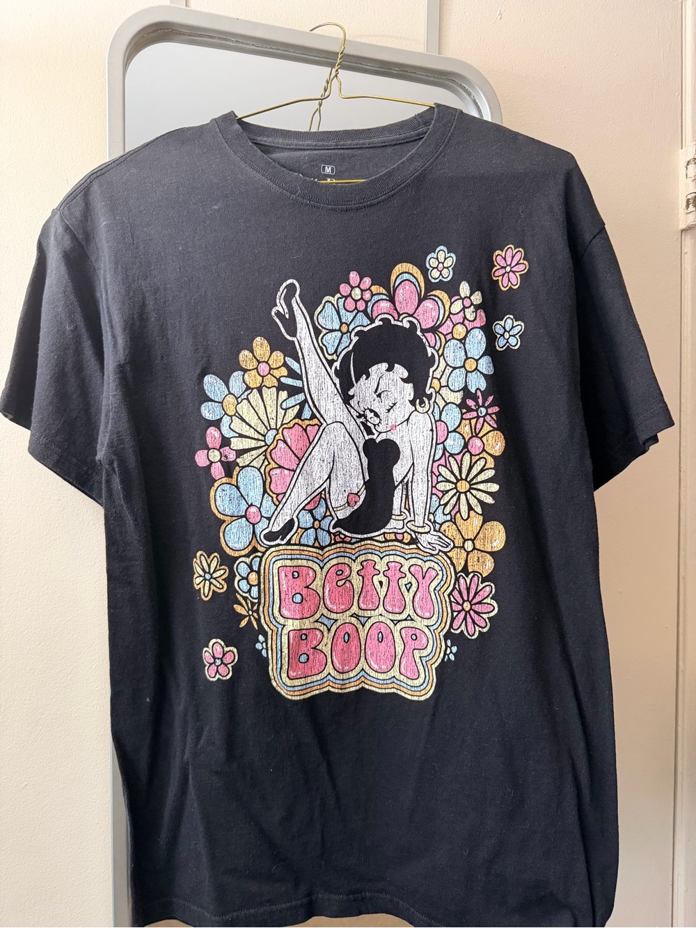 Betty Boop Black Tee with Pink and Gold Floral Graphic